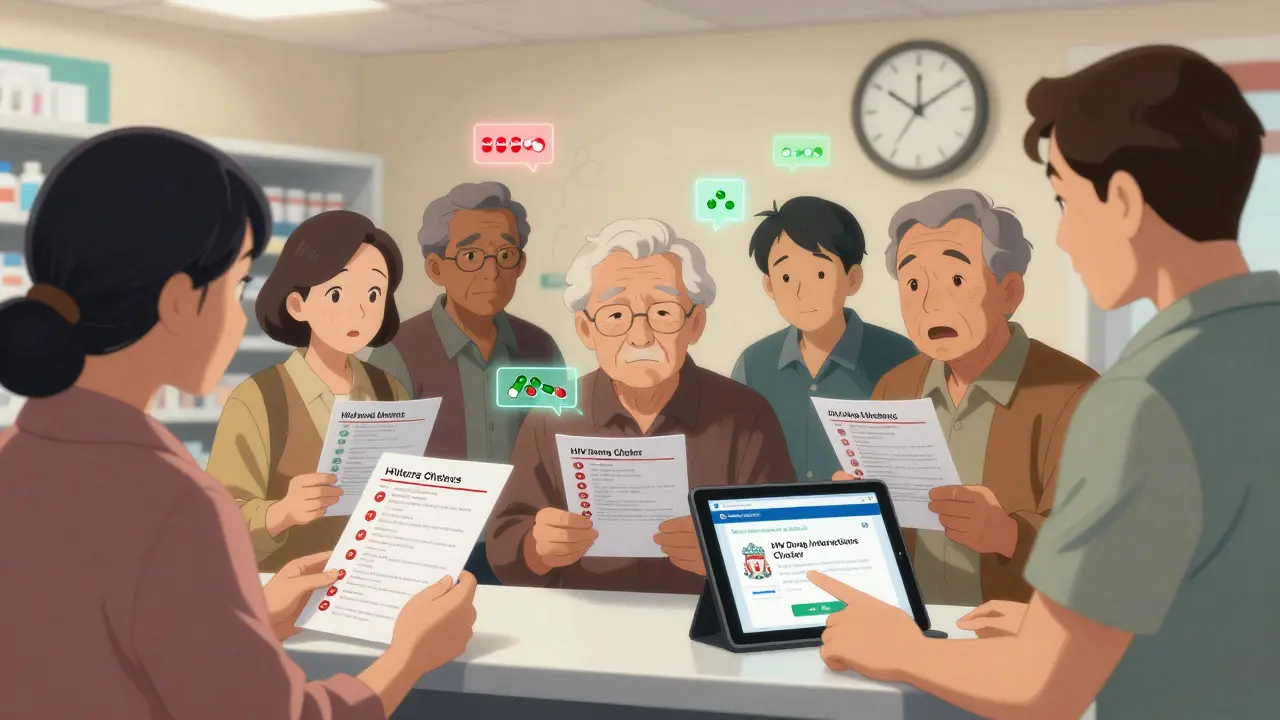 Group of patients consulting pharmacist with floating drug interaction alerts.