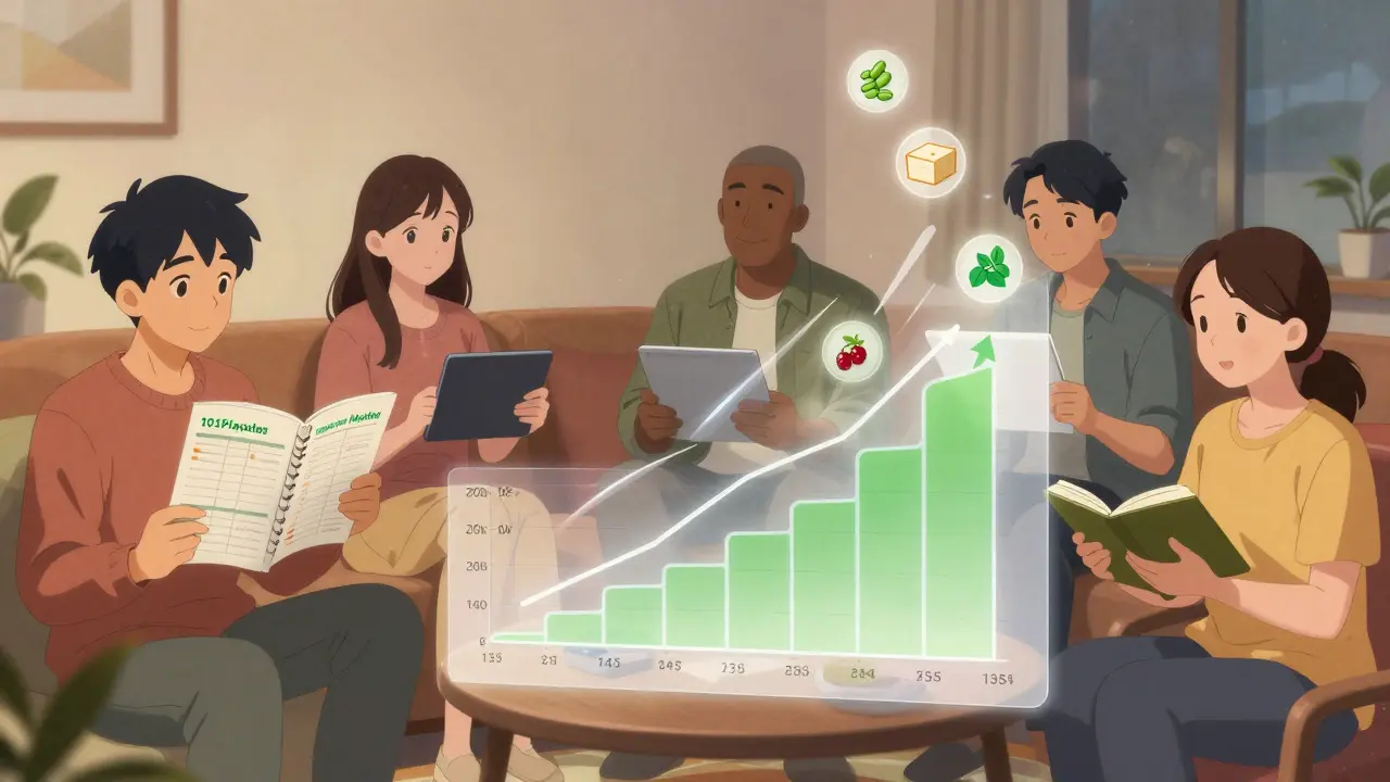 Group of people using different meal planning tools with floating nutrition icons and rising progress graph.