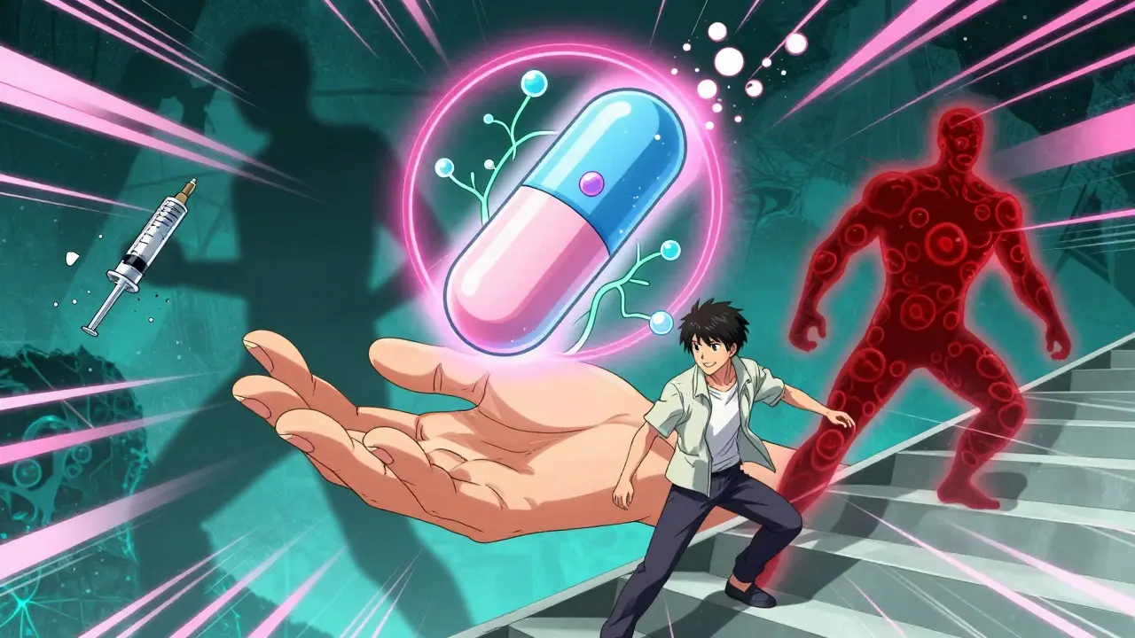 HIF-PHI pill generating natural erythropoietin as patient gains energy, outdated needle fading away.