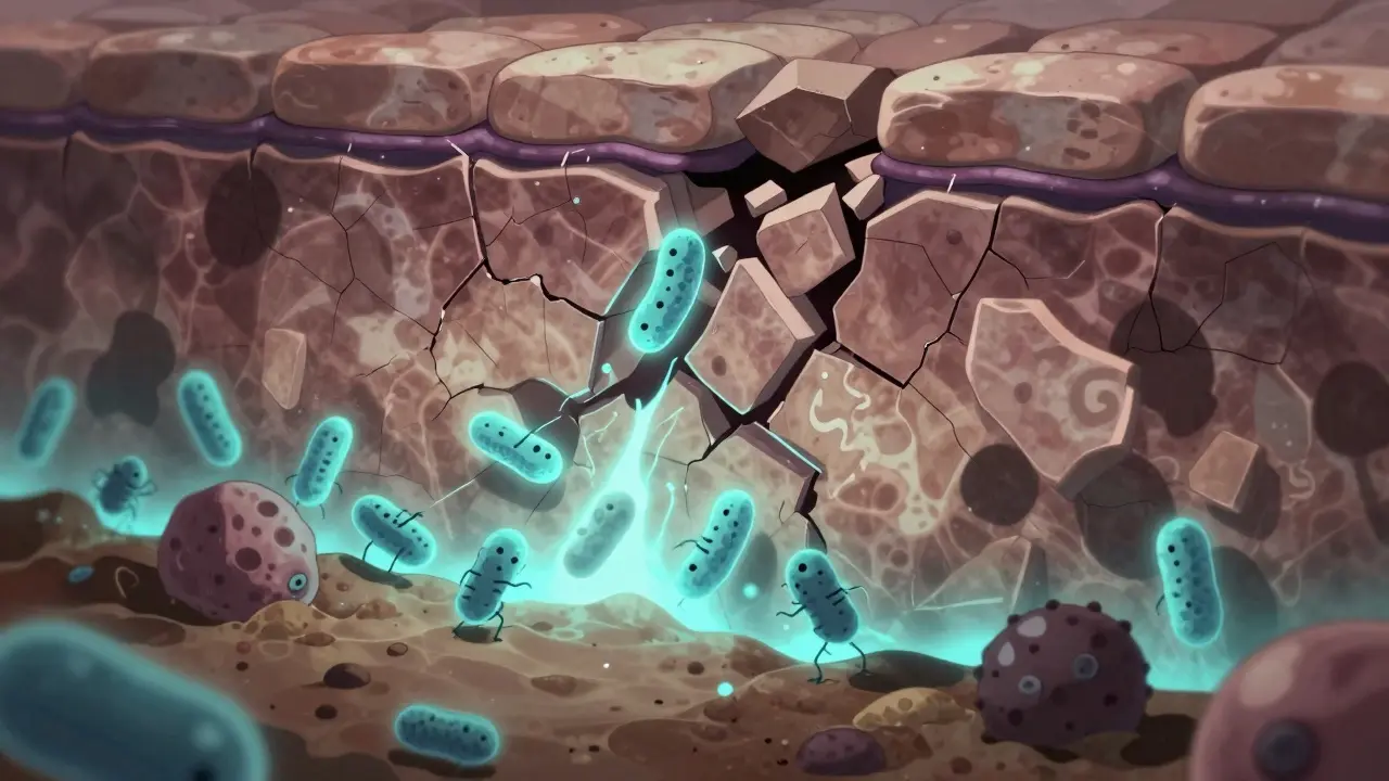 Microscopic view of cracked skin barrier being repaired by gut bacteria and glowing butyrate.