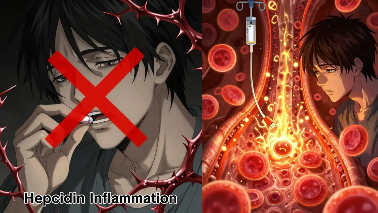 Oral iron blocked by inflammation vs. IV iron successfully fueling red blood cell production.