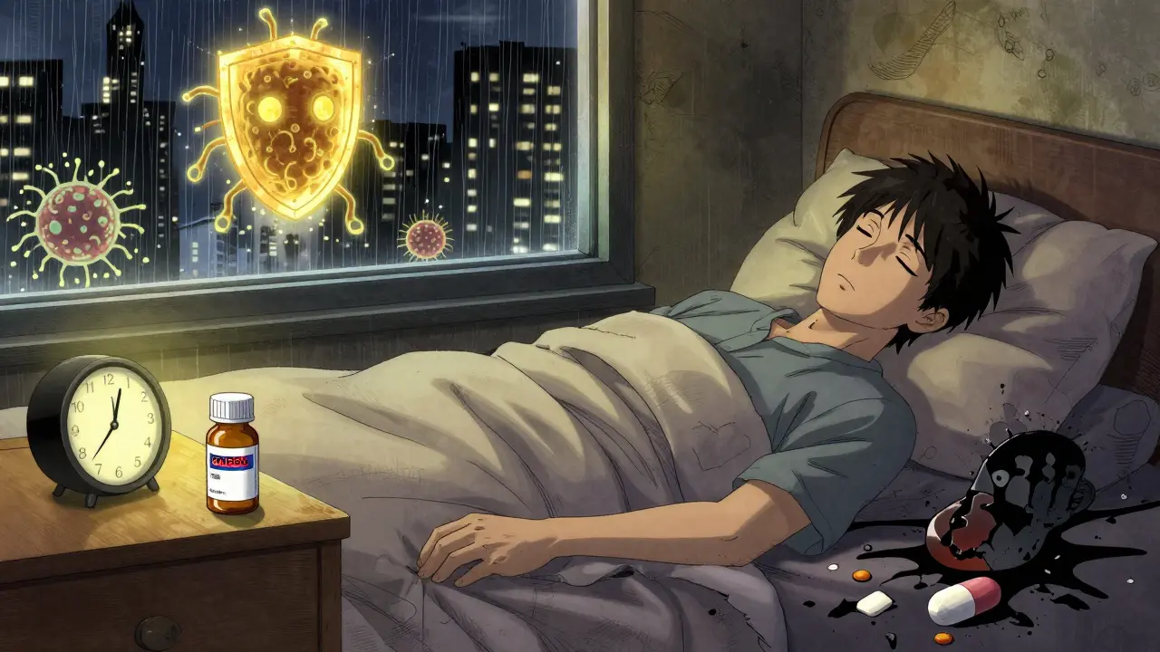 Patient sleeping safely with famotidine on nightstand, discarded antacid and fading bacteria.