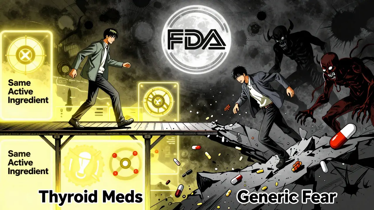 Patient walking a symbolic bridge between safe medication use and fear-driven confusion, with FDA as guardian.