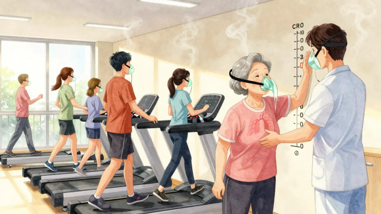 Patients exercise in a pulmonary rehab clinic, smiling as they walk and breathe with biofeedback masks, sunlight streaming in.