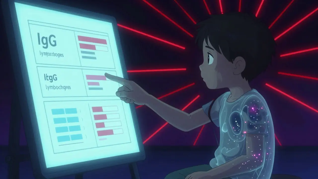 Pediatrician showing abnormal immune test results with glowing red alerts and translucent child.