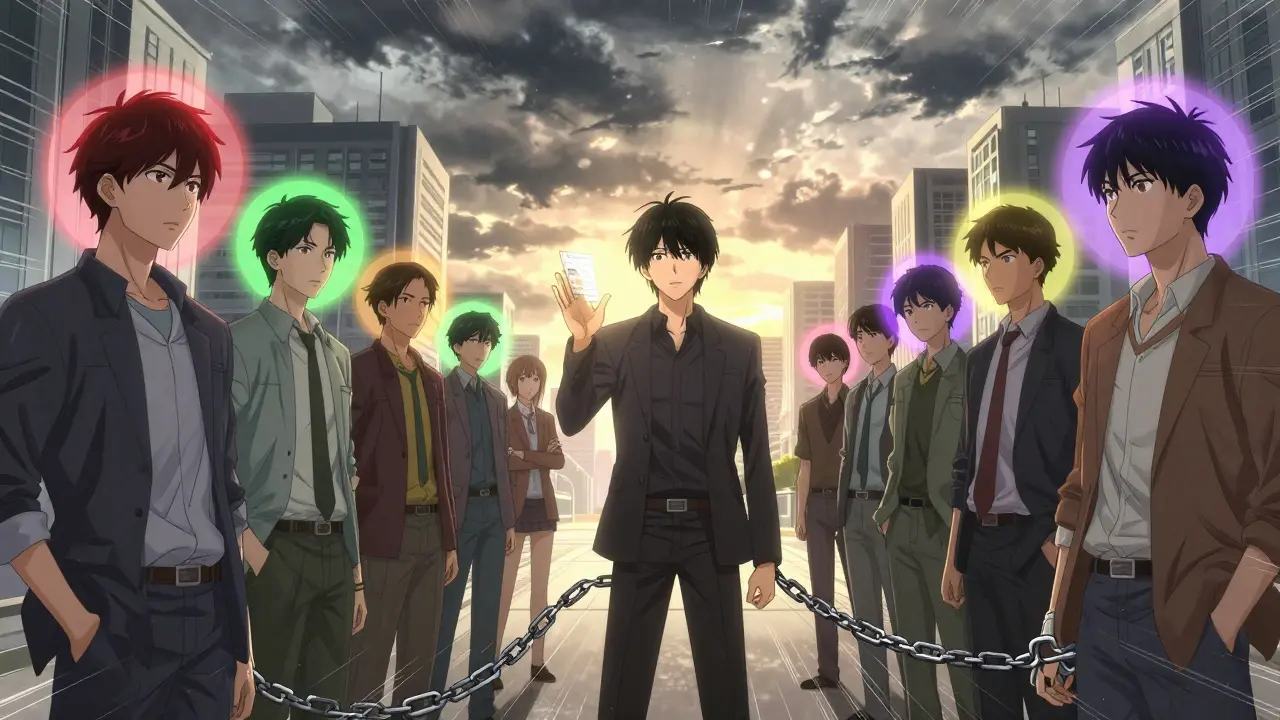 People surrounded by personal bias halos, one pausing with a checklist as dawn breaks.