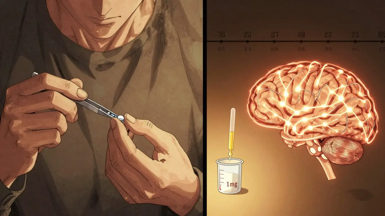 Person carefully removing beads from a capsule while brain signals fade, liquid dropper nearby.