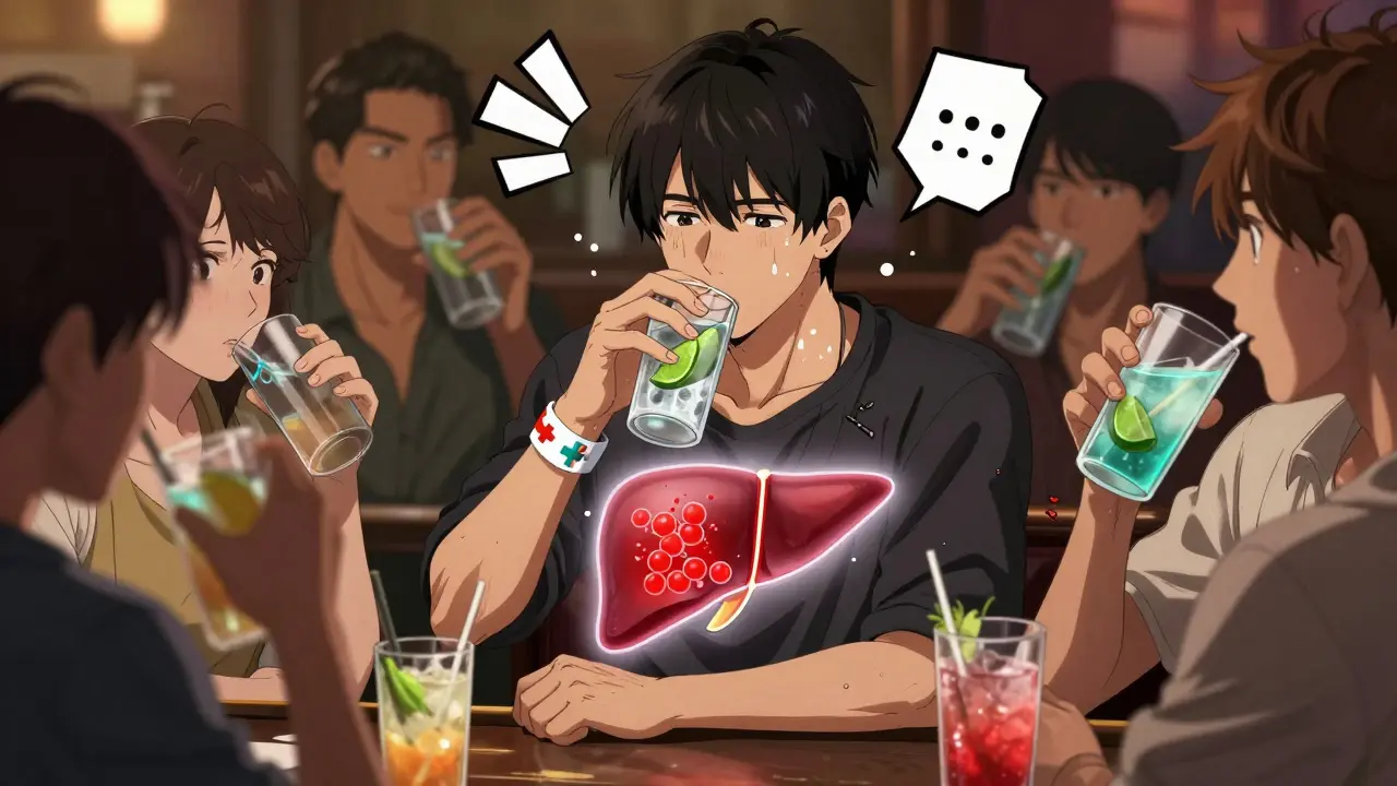 Person drinking soda water at a bar while others enjoy sweet cocktails, medical bracelet glowing.