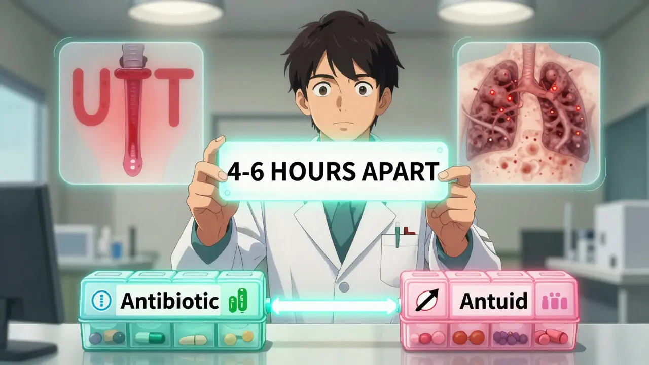 Pharmacist pointing to separated pill organizers with time barrier between antibiotic and antacid.