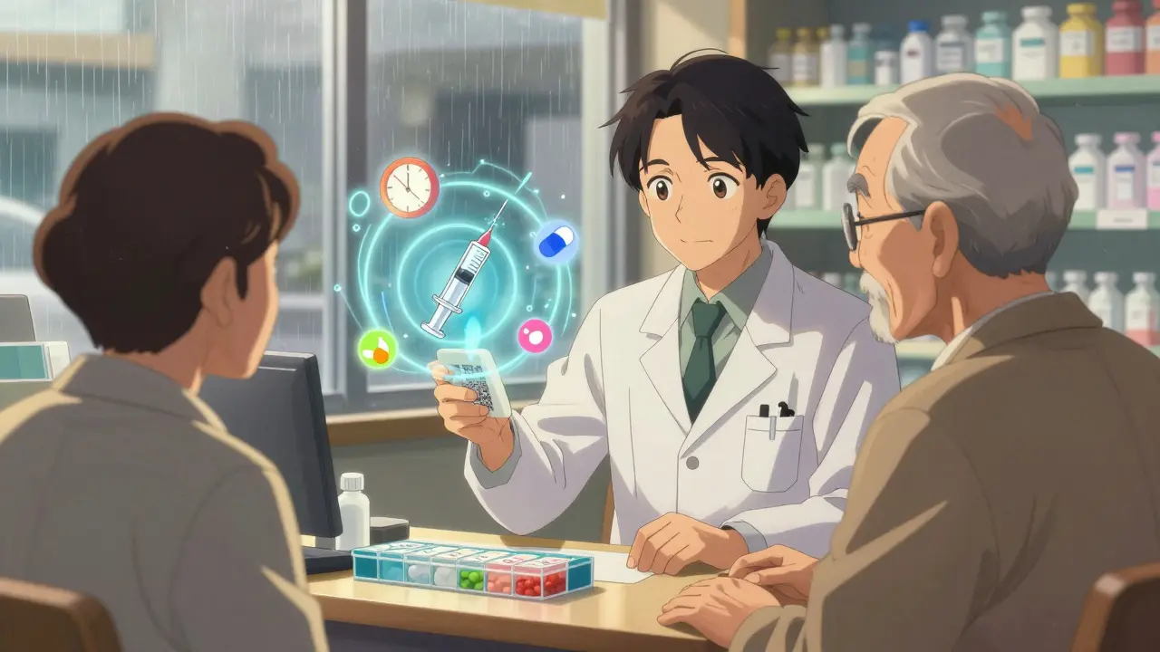 Pharmacist showing patient how to use a QR code to learn proper medicine dosage.