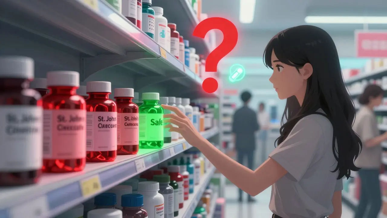 Pharmacy shelf with dangerous supplements glowing red, woman reaching for a safe multivitamin.