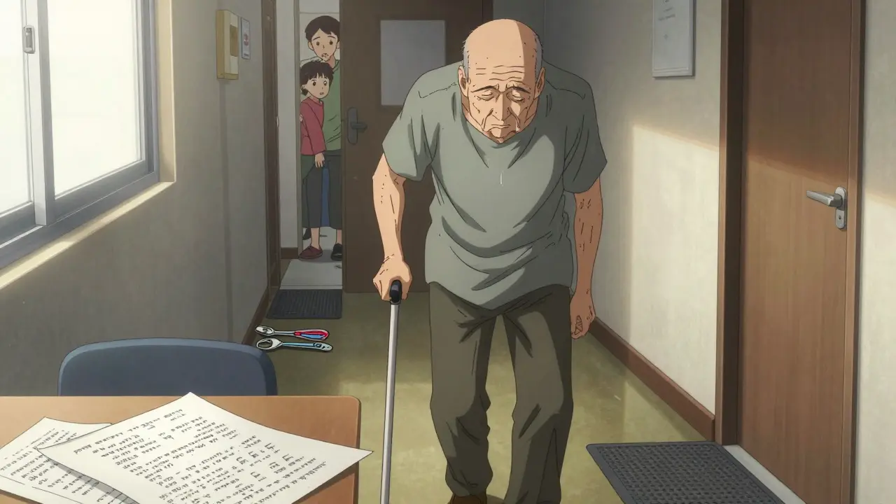 Someone walking with stooped posture and reduced arm swing, using a cane, with adaptive tools visible nearby.