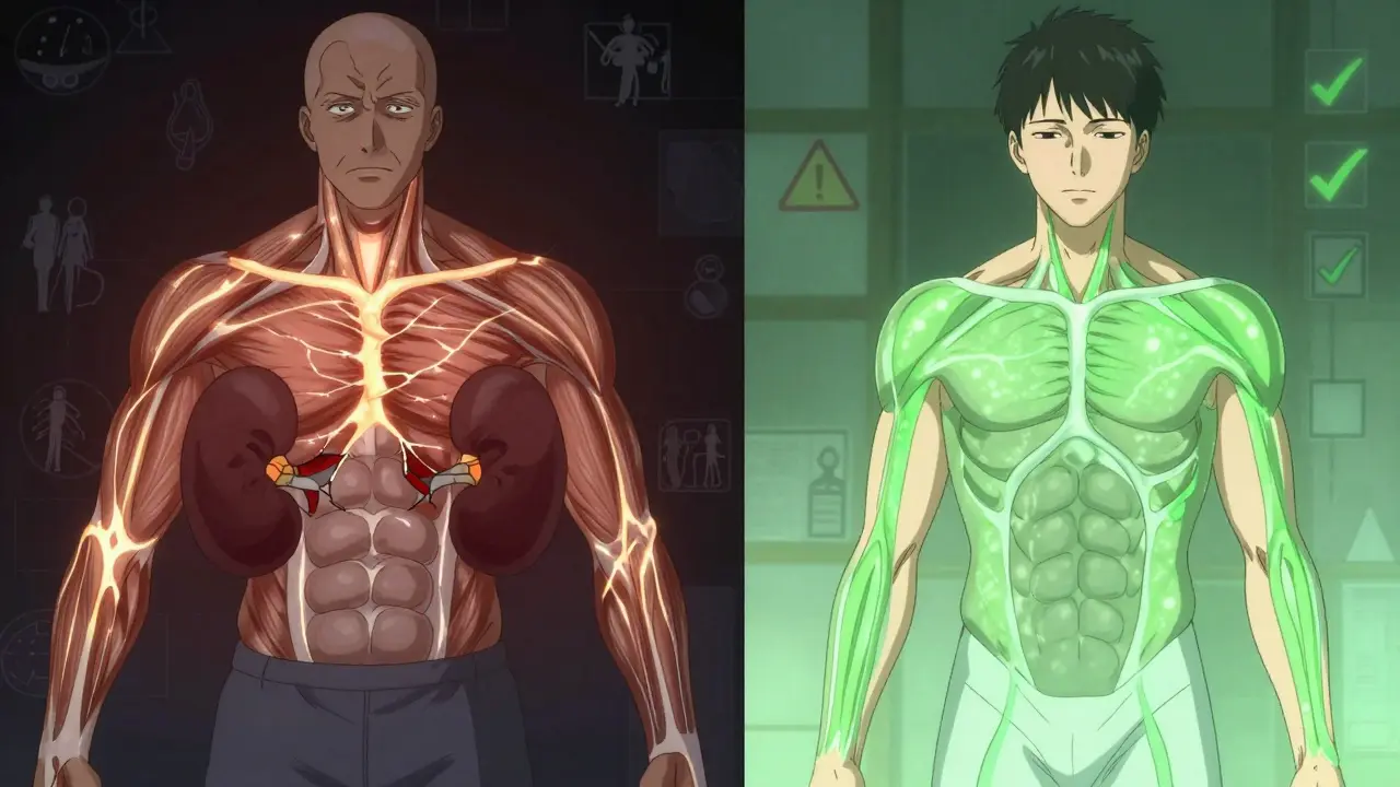 Split image showing muscle damage from unsafe statin use vs. safe alternative.