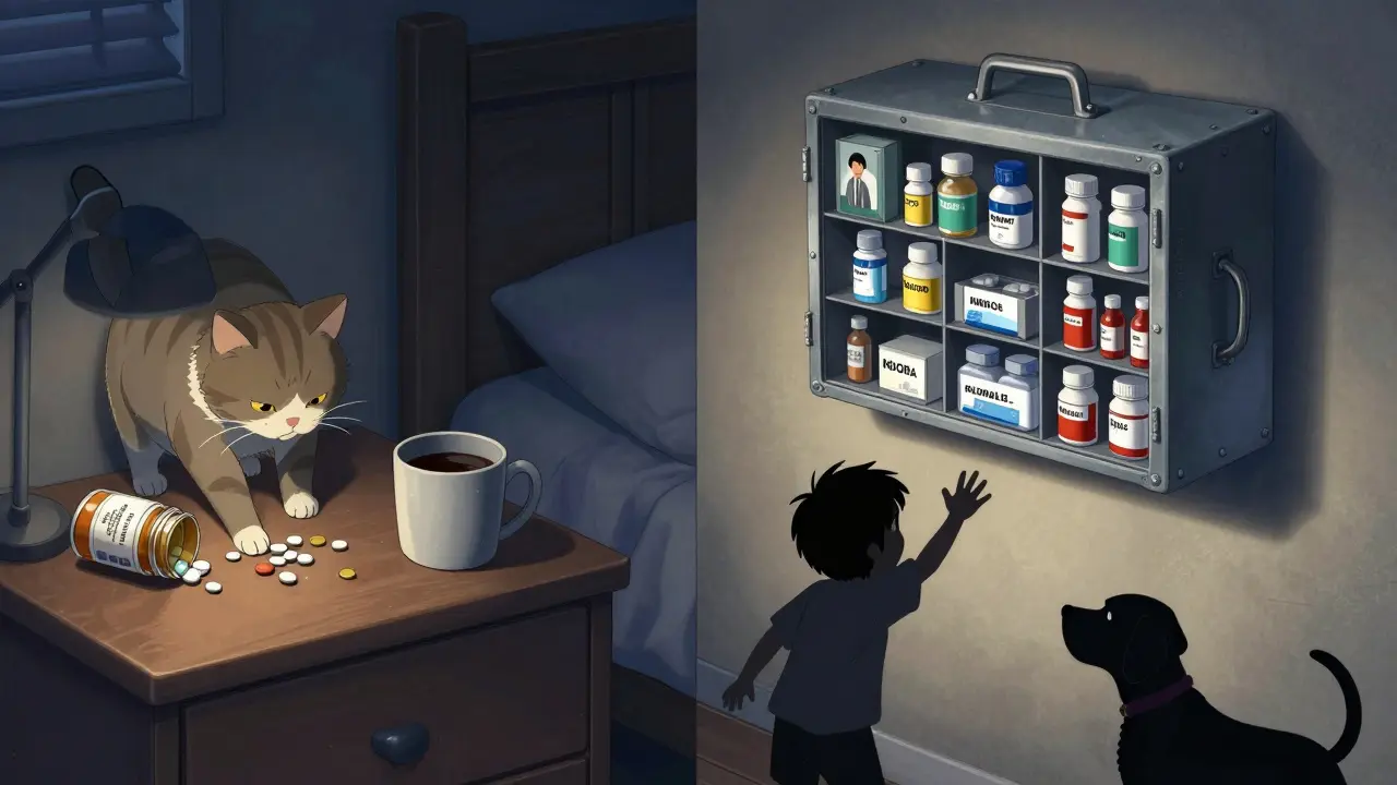 Split scene: chaotic nightstand with open pills versus secure wall-mounted lockbox, showing danger and safety side by side.