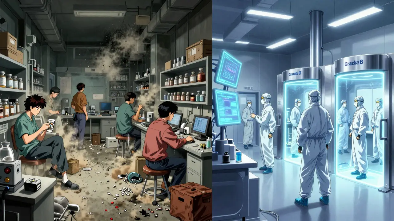Split scene: chaotic old drug lab vs. modern cleanroom with holograms and automated systems, showing pharmaceutical evolution.