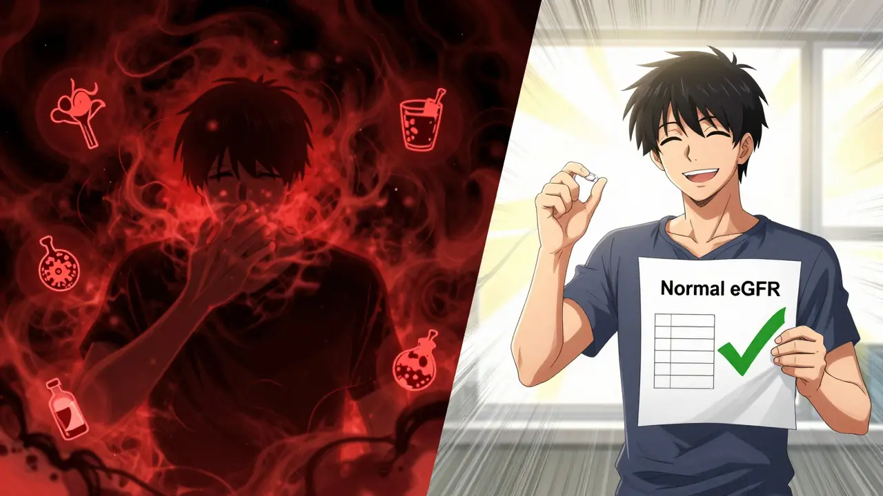 Split scene: dark lactic acidosis vs. bright healthy state with normal kidney results.