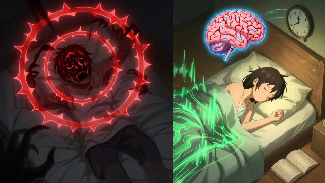 Split scene: one side shows distress from tinnitus at night, the other shows calm with soothing sound waves and a brain shifting from chaos to peace.