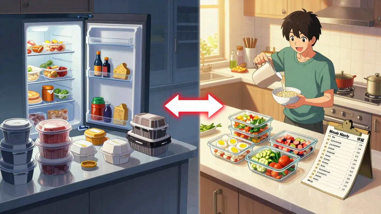 Split scene showing chaotic takeout vs. clean meal prep with labeled containers and grocery list.