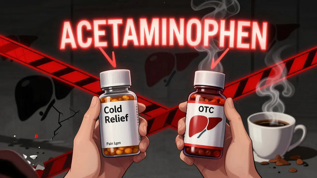 Two medicine bottles connected by a red warning symbol for acetaminophen overdose.