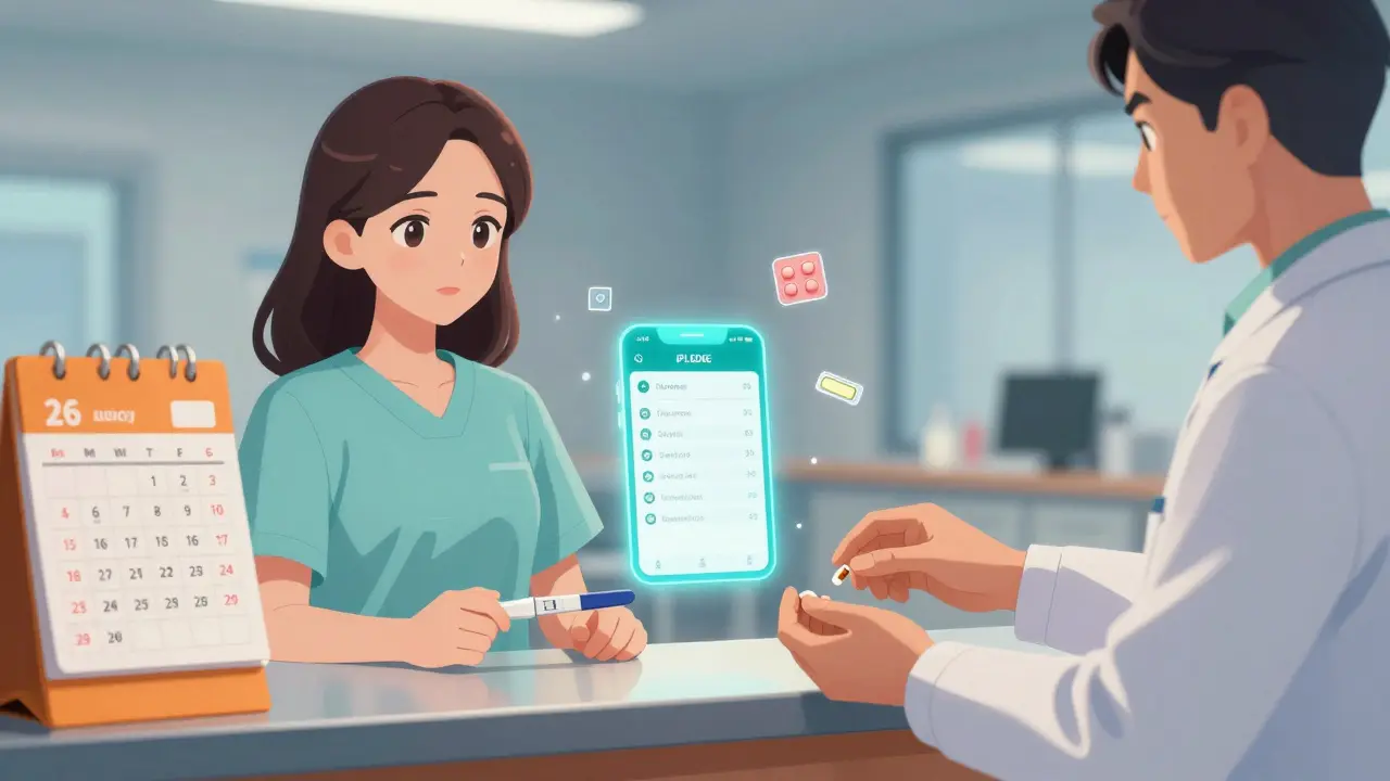 Woman holding pregnancy tests with iPLEDGE app interface, receiving isotretinoin from pharmacist.