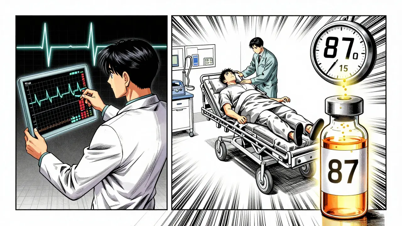 A doctor reviews a critical ECG readout as a patient is wheeled into a cath lab.