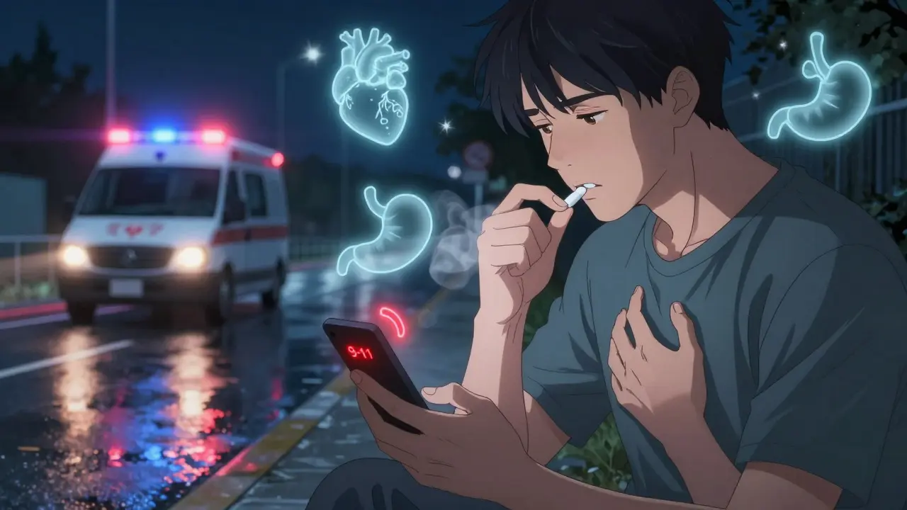 A man chews aspirin on a curb while an ambulance approaches with flashing lights.