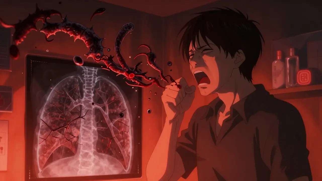 A person coughing with dark TB bacteria erupting from their mouth, lungs visibly damaged.