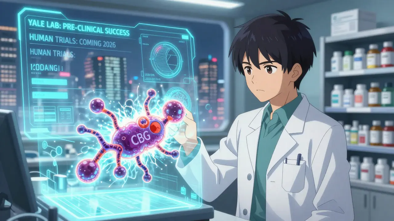 A scientist in a lab observes CBG molecules blocking a pain-signaling protein, with holographic research data.