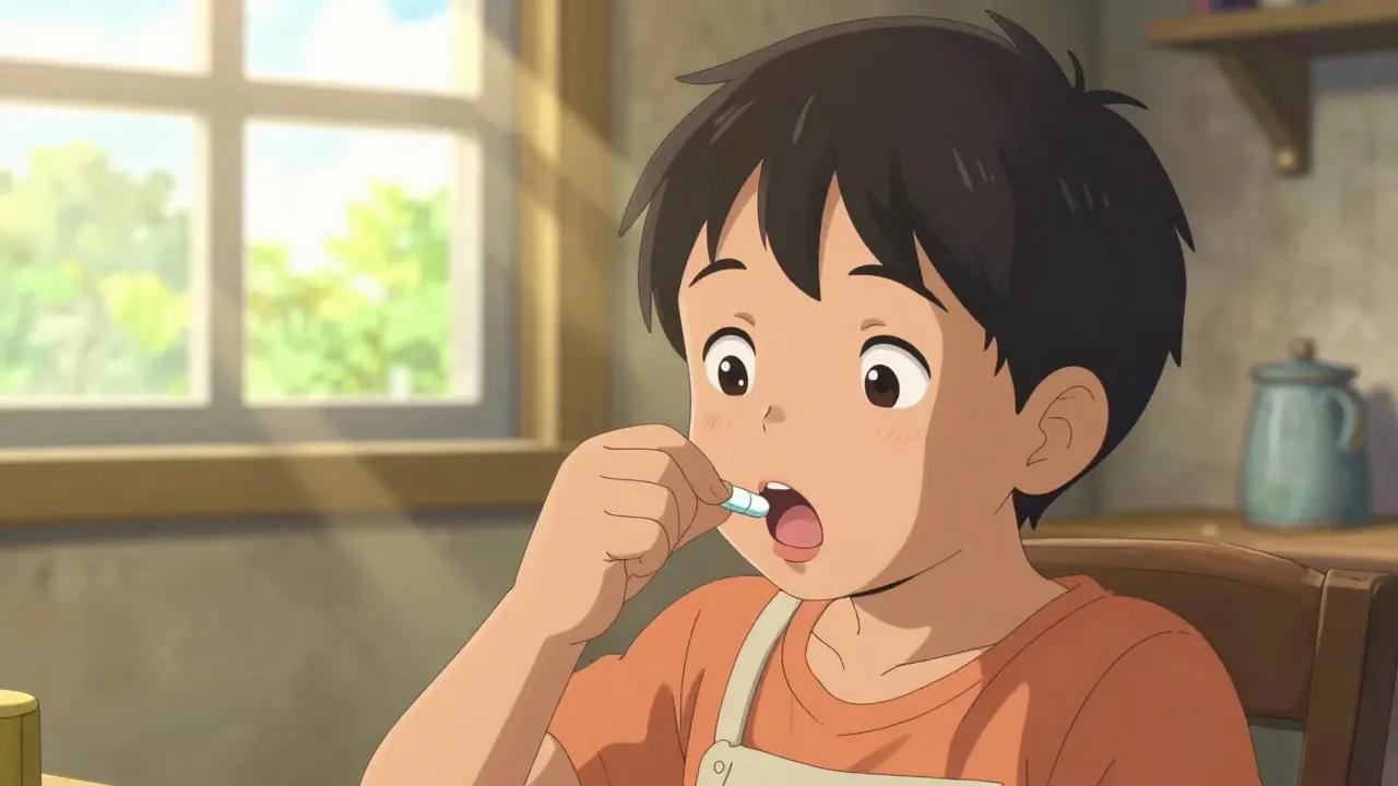 Child taking stable oral tablet in rural village without refrigeration