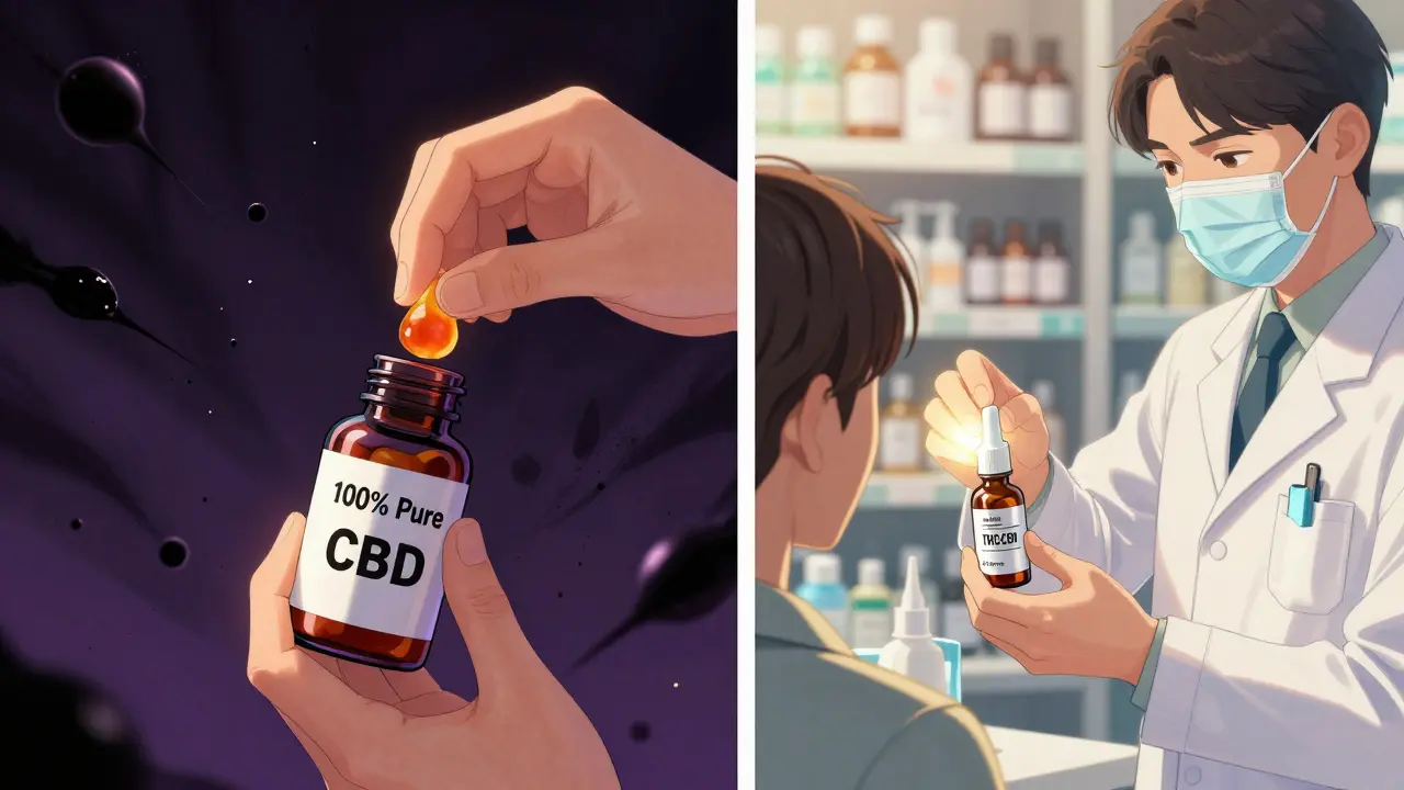 Contrasting scenes: contaminated CBD gummy versus a pharmacist administering a regulated THC:CBD spray.