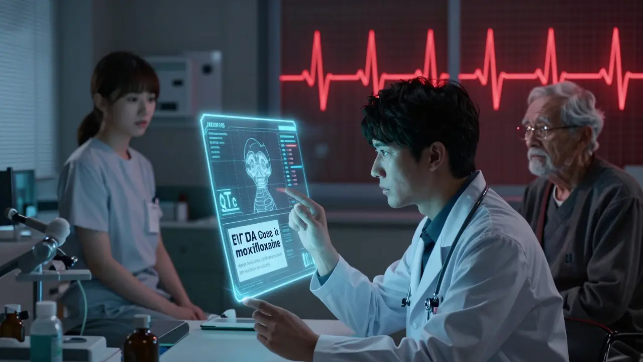 Doctor viewing holographic patient data with a bold FDA warning and split background showing different risk levels.