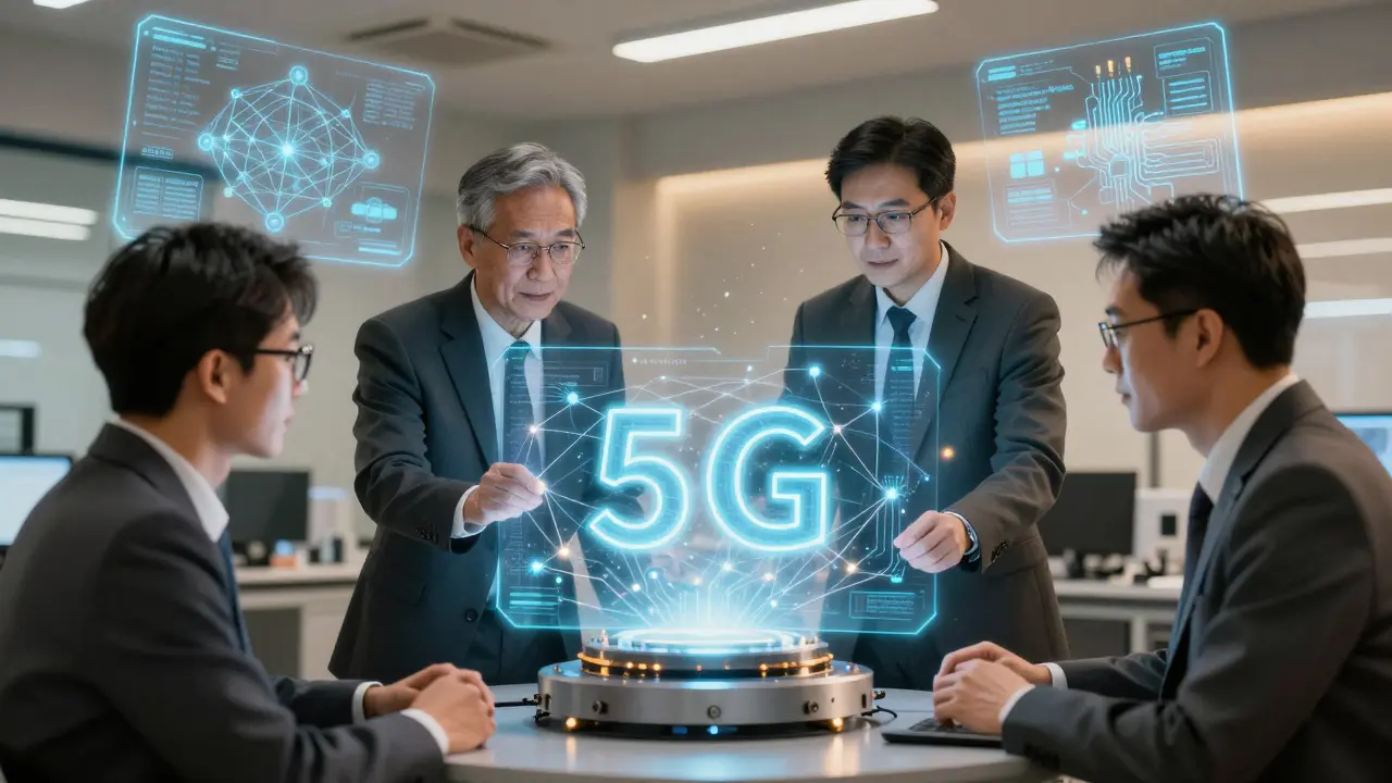 Executives collaborating on 5G technology with holographic displays in R&amp;D lab