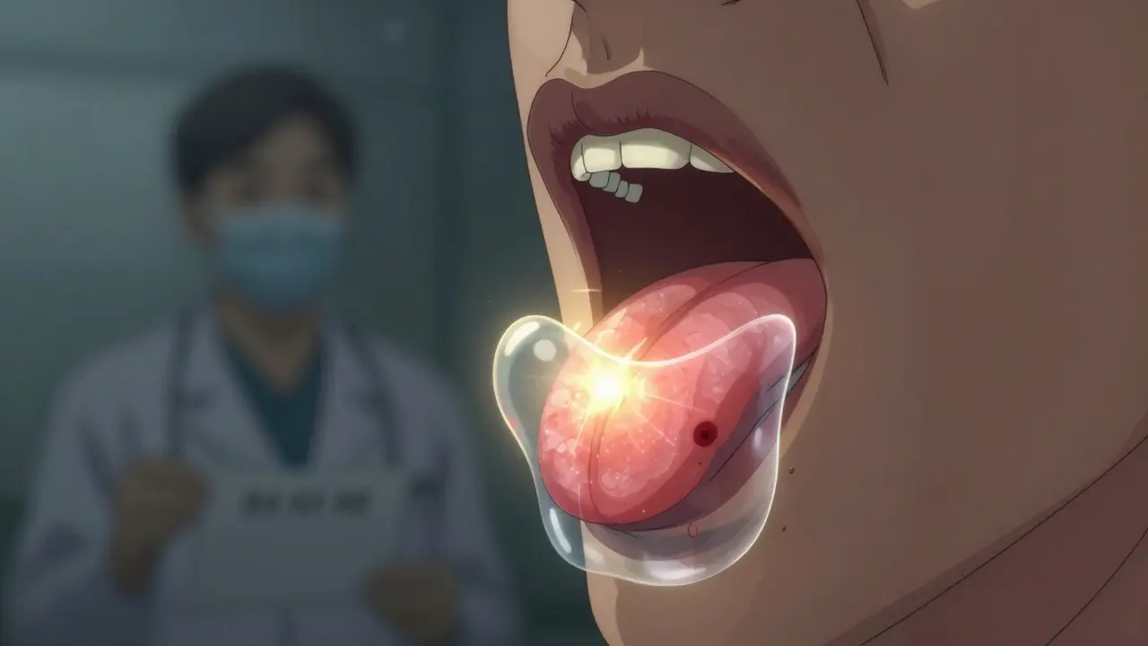 Healing oral gel forming protective film over mouth ulcers.