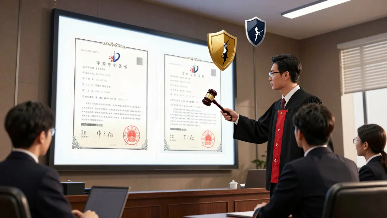 Judge and lawyers examining patent claim charts in courtroom with validity icons