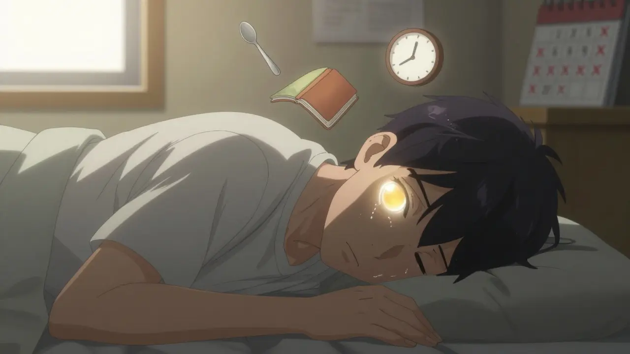 Patient lying face-down after retinal surgery, with a glowing gas bubble visible in the eye during recovery.