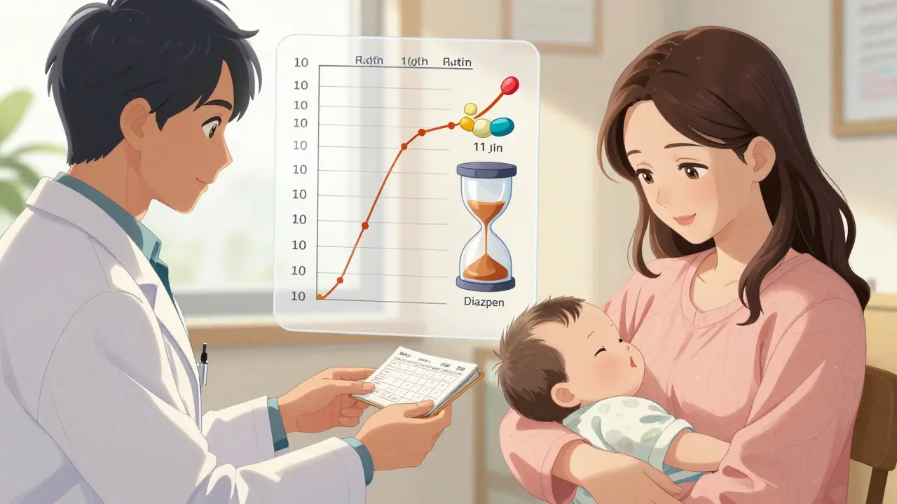 Pharmacist advises breastfeeding mother while a chart of drug half-lives floats beside them.