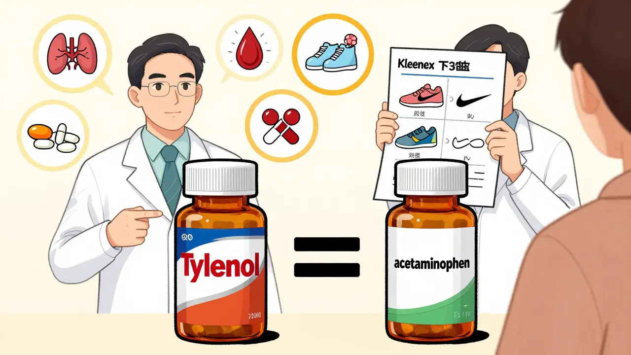 Pharmacist explaining generic drugs using side-by-side analogies like Kleenex to tissues and Nike shoes to generics.