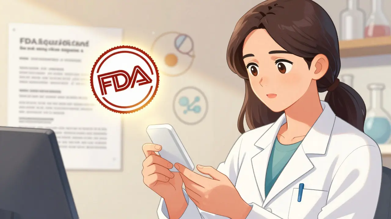 Scientist examining tablet data with FDA approval symbol in Manhua style