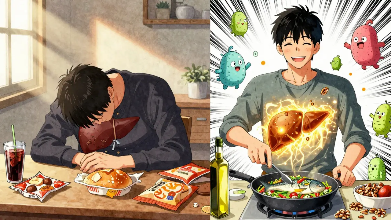 Split scene: person surrounded by junk food with damaged liver vs. same person cooking healthy Mediterranean meal with glowing healthy liver.