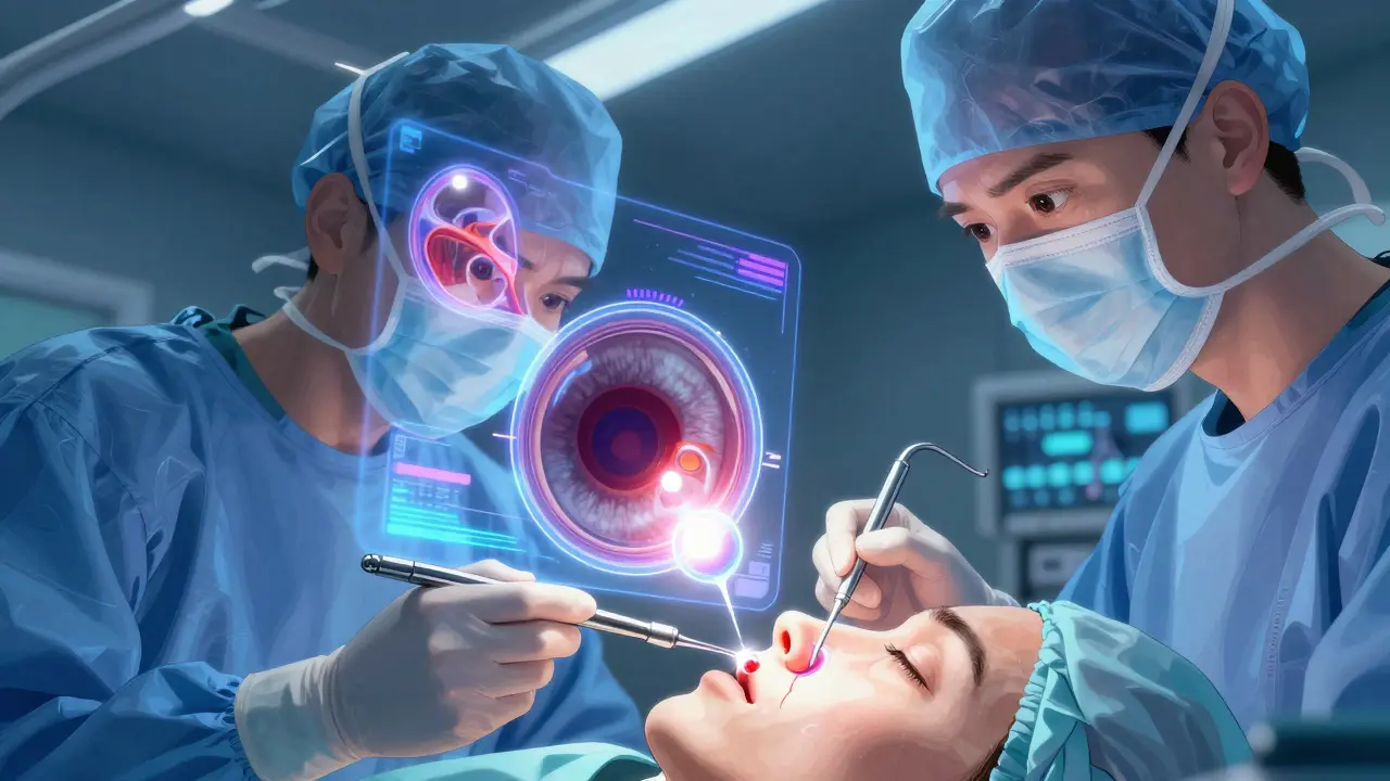 Surgeon using glowing instruments to repair a detached retina with real-time holographic scans during surgery.