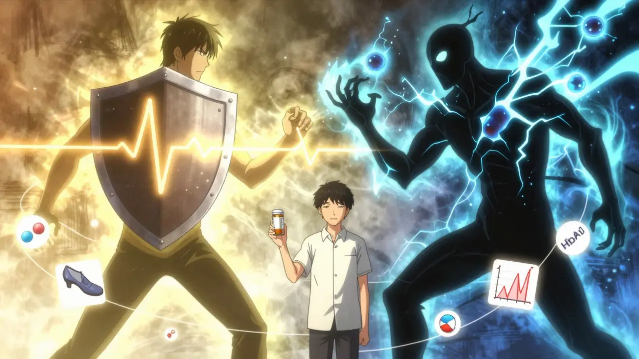 Symbolic battle between Heart Health and Blood Sugar Spike, patient caught between them with medical icons floating.