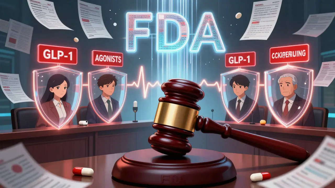Symbolic courtroom scene where drugs are on trial under a giant FDA gavel with data streams and warning boxes surrounding them.