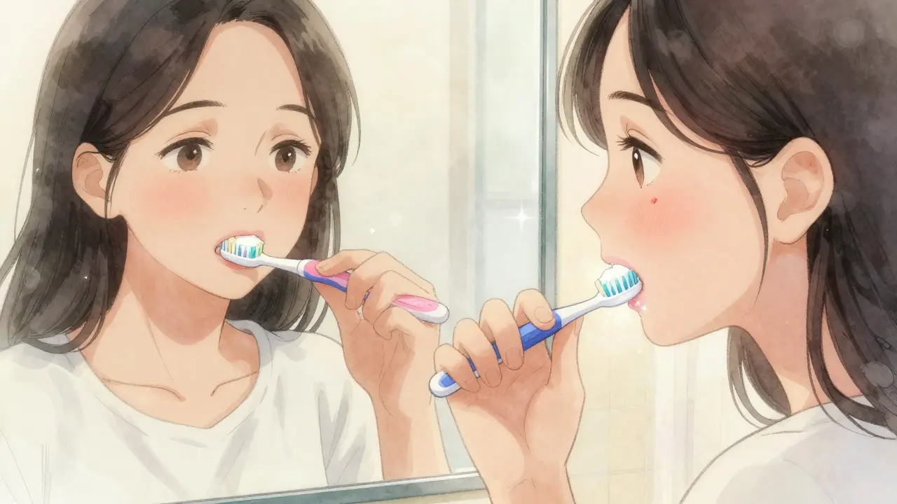 Woman brushing teeth with soft toothbrush using baking soda rinse.