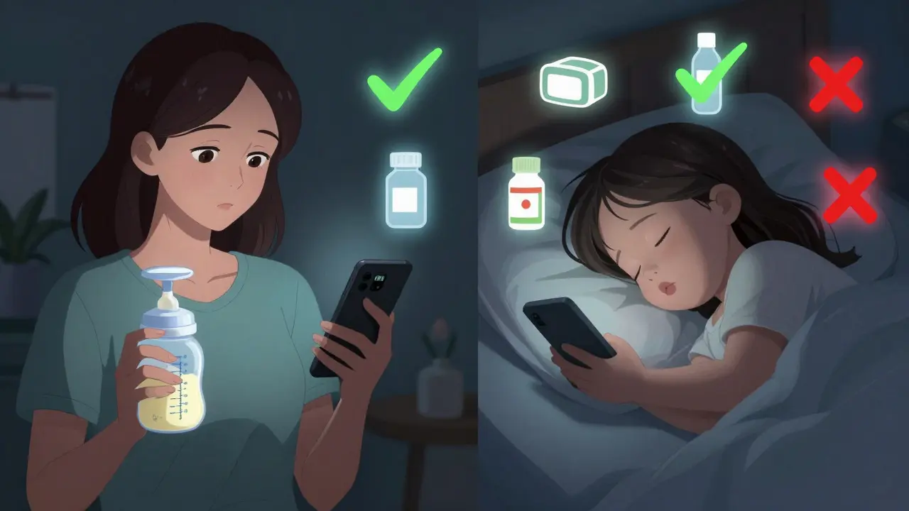 Woman checks phone alarm while holding pumped breast milk, with floating icons of safe and unsafe drugs.