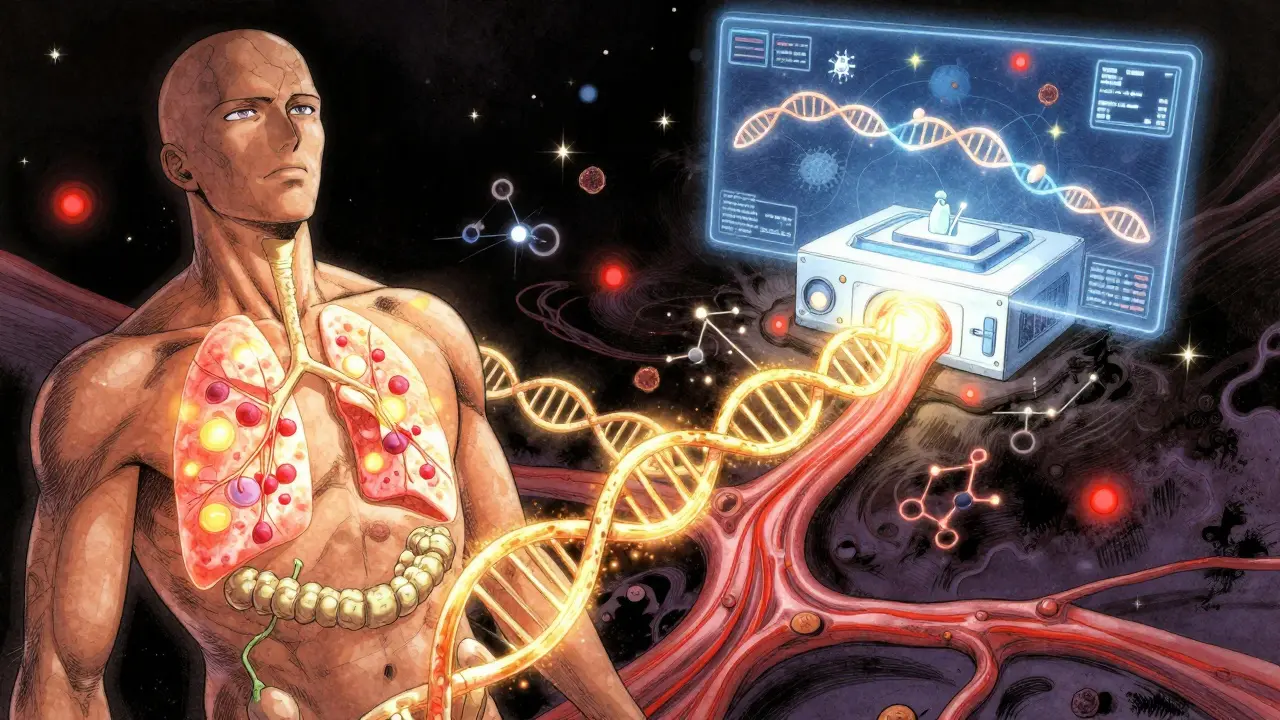 A human body with glowing ctDNA streams from tumors flowing into a sequencing machine, visualizing cancer evolution in real time.