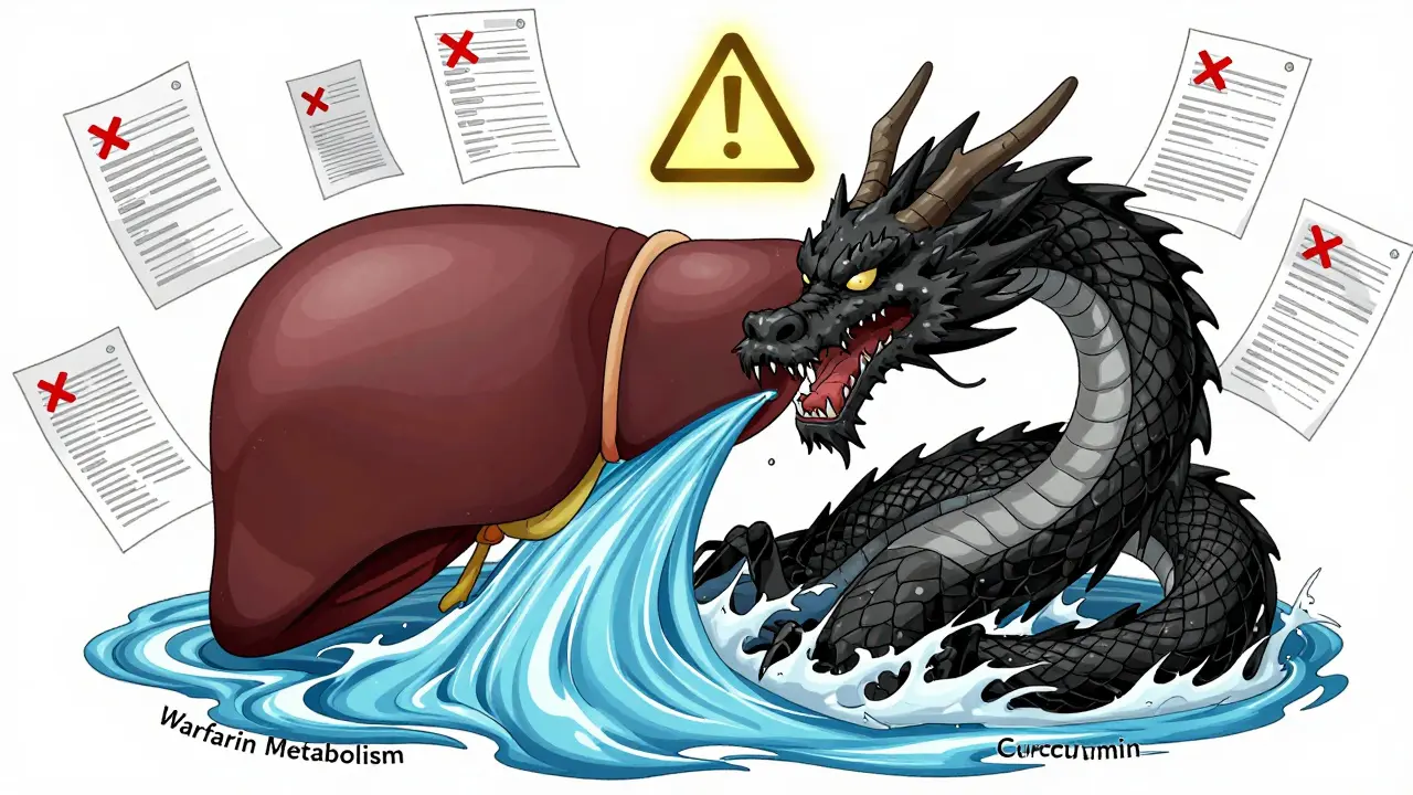 A liver with a dragon blocking warfarin metabolism, symbolizing dangerous herb-drug interaction.