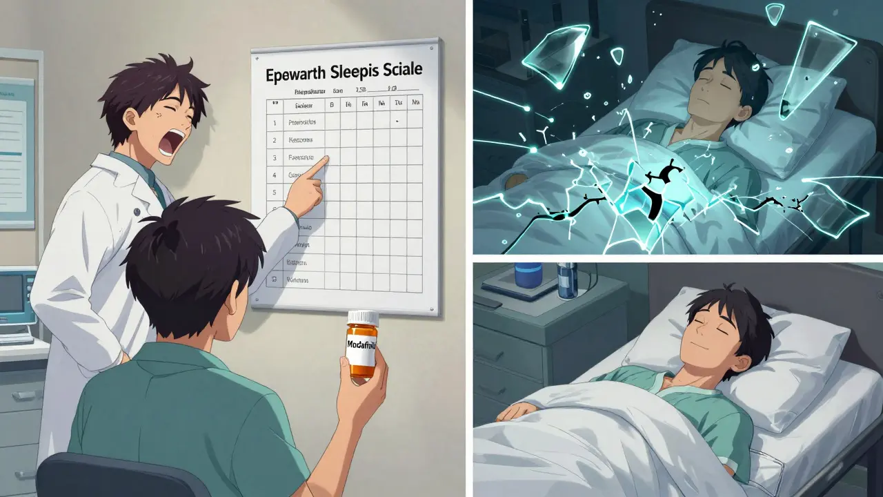 A patient and doctor reviewing sleepiness scores, with visual representations of cataplexy and fragmented sleep.