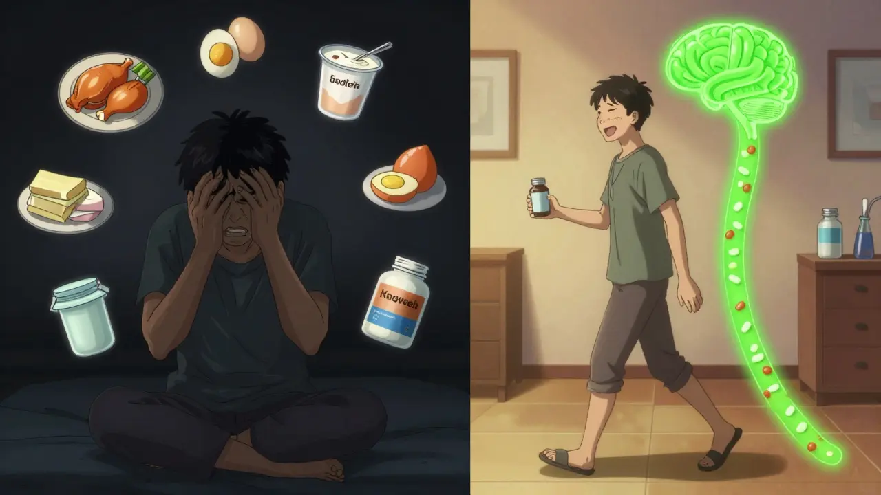 A patient experiences tremors from medication interference, then walks steadily after timed protein intake.