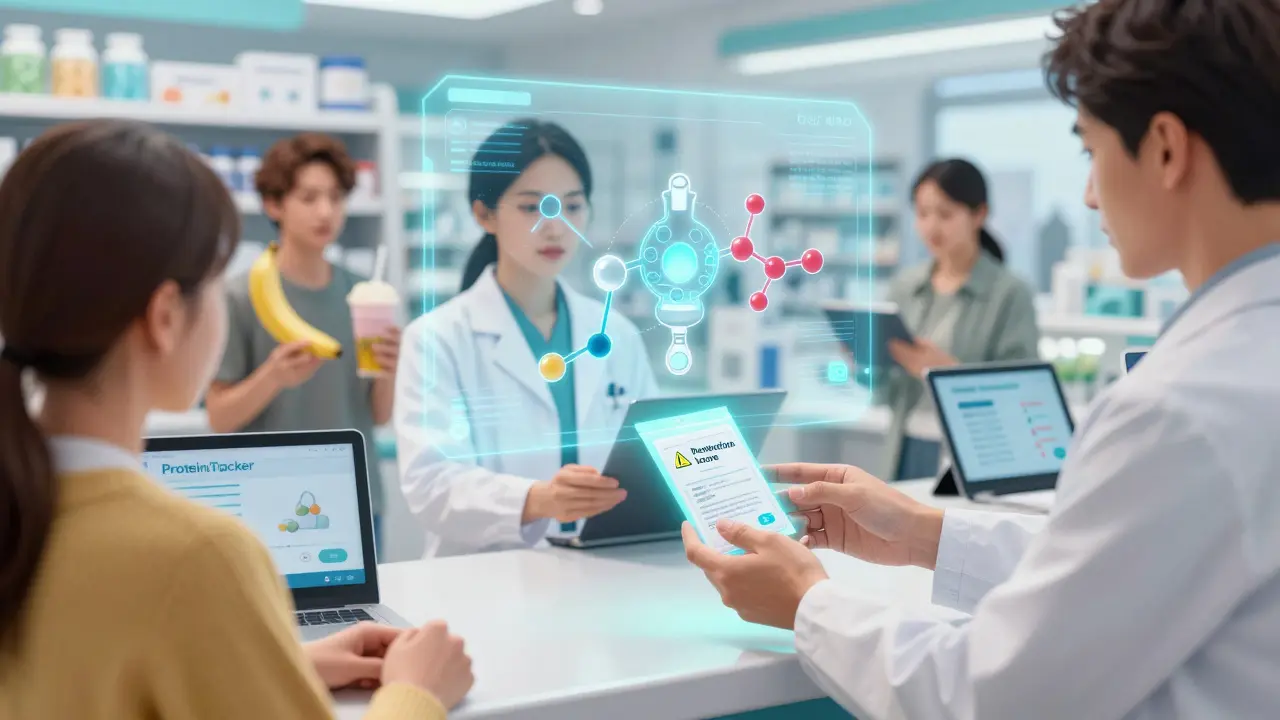 A pharmacist gives a drug with a protein interaction warning, while patients use apps to track meals.