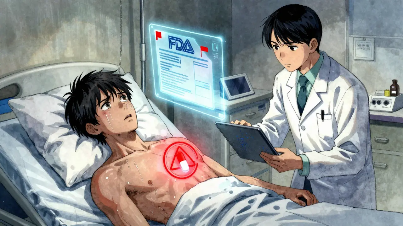 A sick patient lies in bed with a glowing contaminated pill icon over their chest, while a pharmacist holds a suspicious tablet.